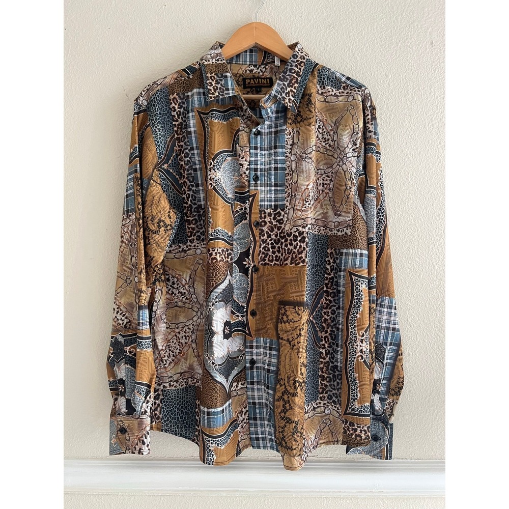 Pavini Vtg Mens L Button Down Shirt Brown Baroque Patchwork Print Long Sleeve